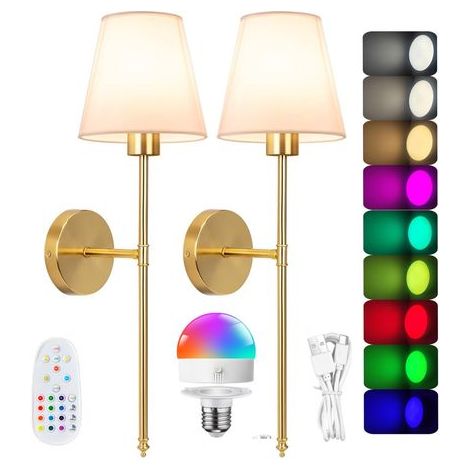 2 Pack Lampe Murale Sans Fil Rechargeable, 9RGB Dimmable Luminaire LED Mural à Piles, avec Télécommande, Applique Murale Interieure Vintage avec Abat-jour en Tissu Blanc, Doré (1/5)
