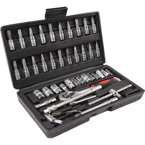 Kit d'outils pour réparation automobile : clé hexagonale, cliquet, tournevis à embout rotatif, douille et rallonge. (1/5)