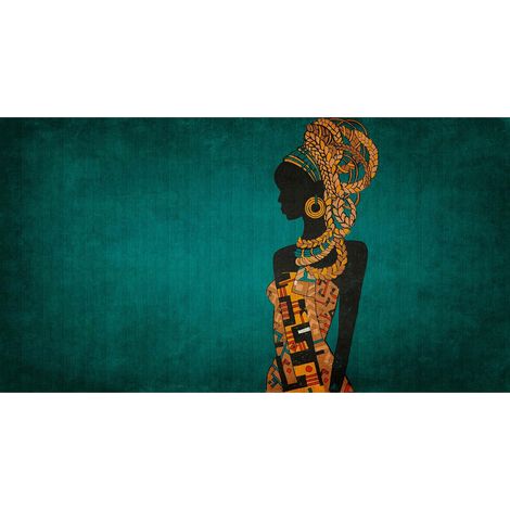 Papier peint panoramique vert & orange ethnique | Tapisserie panoramique motif africain pour chambre adulte | Papier peint panoramique silhouette femme - 270 x 500 cm (5 pièces) (1/3)