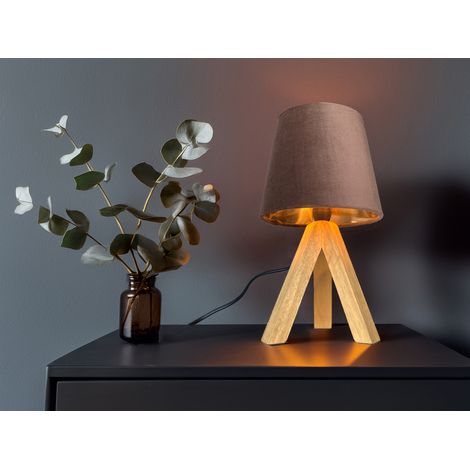 Tischlampe mit Holz Dreibein & E14 Samtschirm Braun Gold, Höhe 27cm (1/5)