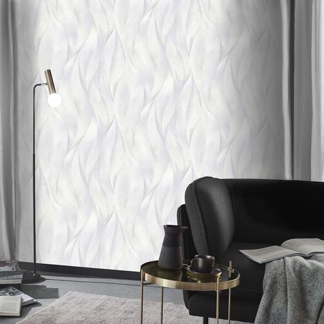 Papier peint feuille gris clair salon & chambre adulte | Tapisserie grise claire grosses feuilles couloir & bureau | Papier peint intissé (1/4)