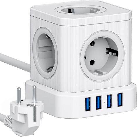 Multiprise compacte avec protection contre les surcharges, 5 prises et 4 ports USB, adaptée aux ordinateurs portables et aux téléphones portables, blanche. (1/5)