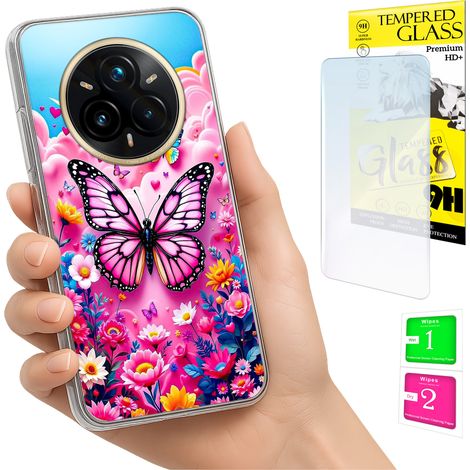 Coque pour Realme 14 Pro+ 5G / 14 Pro Plus 5G, coque arrière papillon avec protection en verre trempé. (1/5)