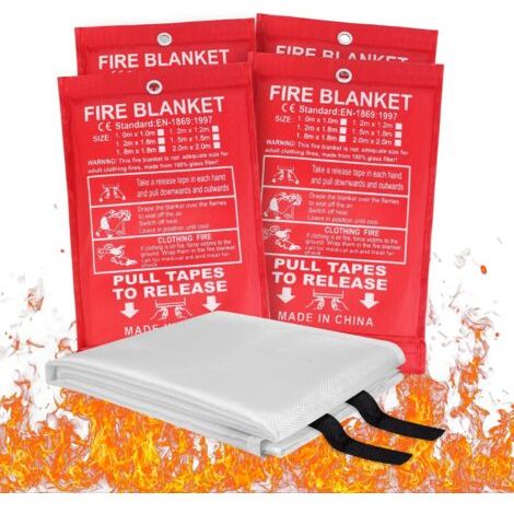 Lot de 4 couvertures anti-feu, 1 m x 1 m, dépliage rapide, en fibre de verre avec boucles, pour la maison, le bureau, la caravane, l'école (1/5)