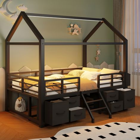 MODFU – Letto a soppalco per bambini 90x200 cm in metallo/MDF con tetto cabina, LED, cassetti in tessuto e carico 120 kg – Nero (1/5)