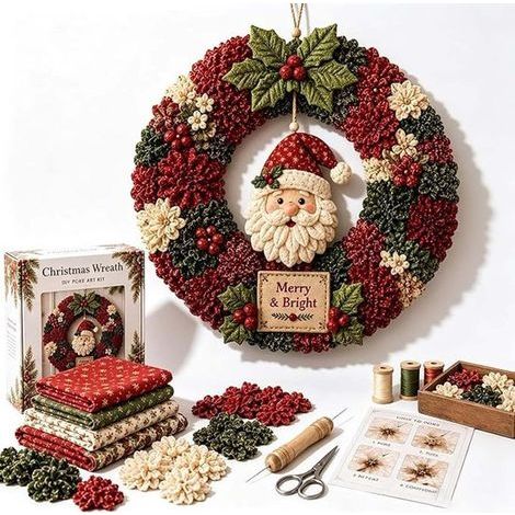 Kit de couronne de Noël à faire soi-même - Kit patchwork - Kit de couronne en tissu 3D