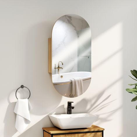 Armoire murale salle de bain avec miroir ovale 45 x 90 cm moderne sans cadre bois naturel