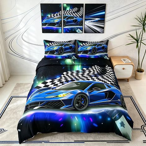 Parure de lit 2 pièces avec housse de couette 135 x 200 cm, motif voiture de course, moderne et fermeture éclair, pour enfant garçon fille (1/5)