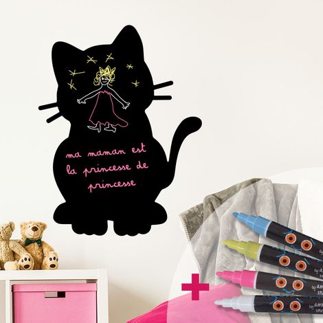 Sticker ardoise tableau noir - stickers muraux adhésif effaçable - CHATON + 4 CRAIES LIQUIDES - 30x25cm (1/4)