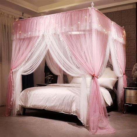 Baldaquin Rectangulaire - 1 Unité - Polyester - Moustiquaire Double Couche - Chambre Fille - Rose Blanc 2x2,2x2,1m (1/5)