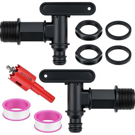 Lot de 2 robinets pour tonne à eau – Robinet en plastique avec joint et perceur, adaptateur pour tonne à eau de pluie de 3/4 pouces, réservoir d’eau, adapté pour la maison, le jardin (Noir) (1/5)