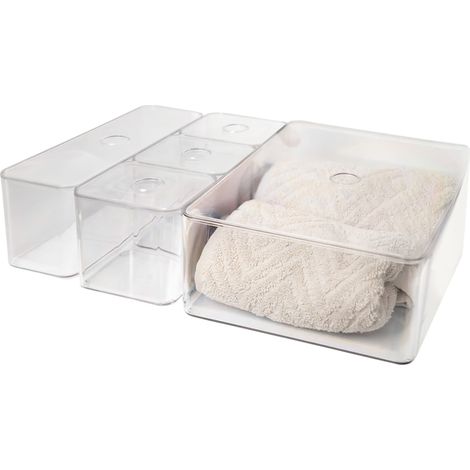 Badezimmer Organizer transparent mit Deckel - 5er Set - Aufbewahrungsboxen aus Kunststoff mit 3 Größen