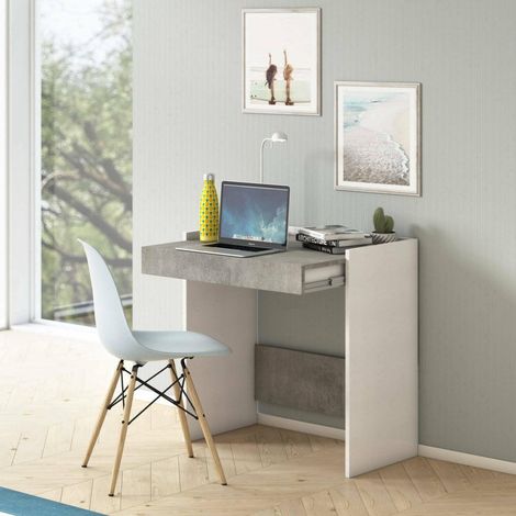 Bureau Clématide, Bureau moderne avec tiroir, Table d'étude ou de bureau, Porte-livre PC, 80x40h79 cm, Blanc et Ciment (1/5)
