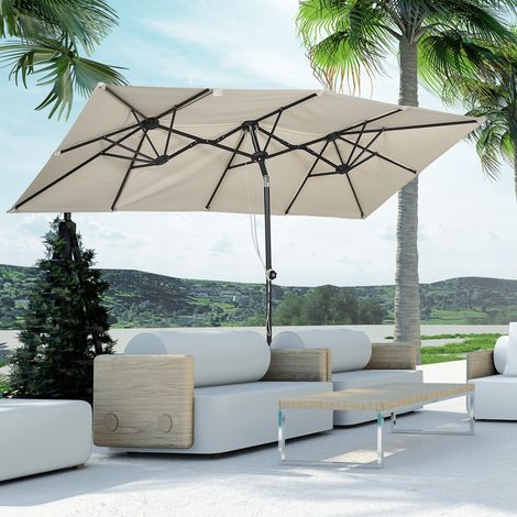 Parasol double, inclinable et réglable avec cordon. En polyester et métal. 150 x 295 x 170-214 cm. Couleur crème.