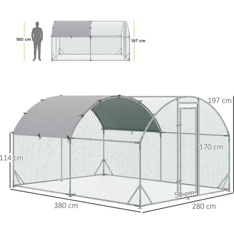 Grande volière poulailler argent métal 280x380x197cm toit anti-UV porte, habitat extérieur pour 6 à 12 poules et petits animaux domestiques (1/5)