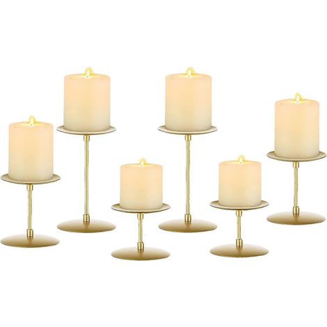 Bougeoirs dorés pour bougies piliers - Lot de 6 bougeoirs modernes en métal, centre de table décoratif pour mariage, Noël, Avent ou salon. (1/5)
