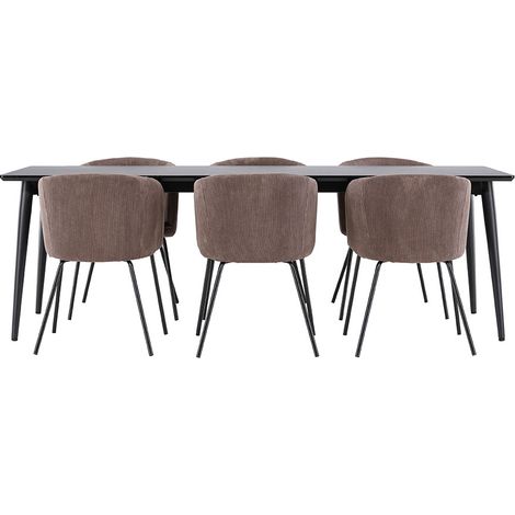 Ellis Essgruppe Tisch 85x230cm und 6 Velours Stühle mit Armlehnen schwarz.