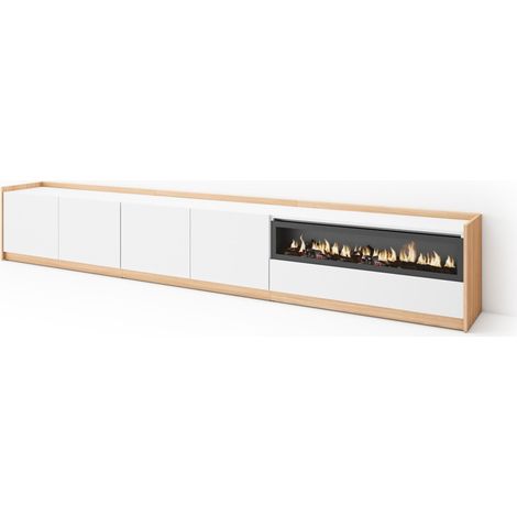 Skraut Home - Mobile TV Soggiorno, 310x37x50cm, Per TV fino a 80", Camino elettrico, Bianco e Rovere soft (1/5)