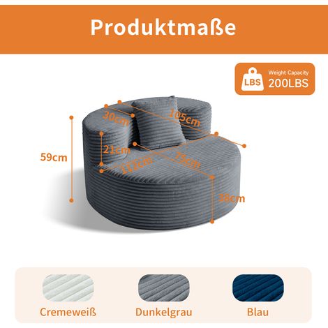 Sessel-Pouf 112 x 105 x 59 cm dunkelgrau, mit Kissen, Cordstoff, ohne Montage MEUBLIV (1/5)