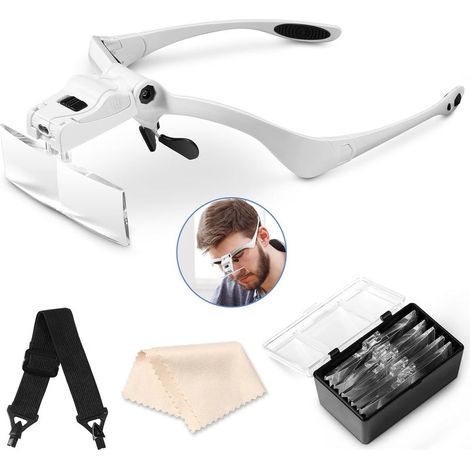 Lupa de diadema con luz LED, lupa de diadema con 5 lentes desmontables (1.0X, 1.5X, 2.0X, 2.5X, 3.5X), para todo tipo de trabajos de precisión, lectura, joyería, bordado, costura y fabricación de joya (1/5)
