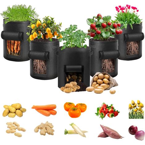 Lot de 5 sacs de culture pour pommes de terre de 38 litres - Sacs de culture avec poignées et rabat transparent pour pommes de terre, carottes, tomates et autres légumes (1/5)
