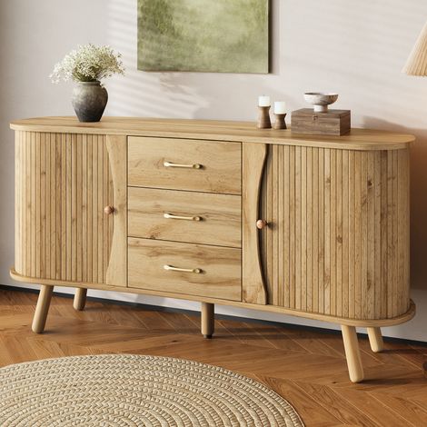 Sideboard mit 2 Schiebetüren und 3 Schubladen, variable Fachhöhe, massive Holzbeine, Holzoptik, 150x36,5x75 cm