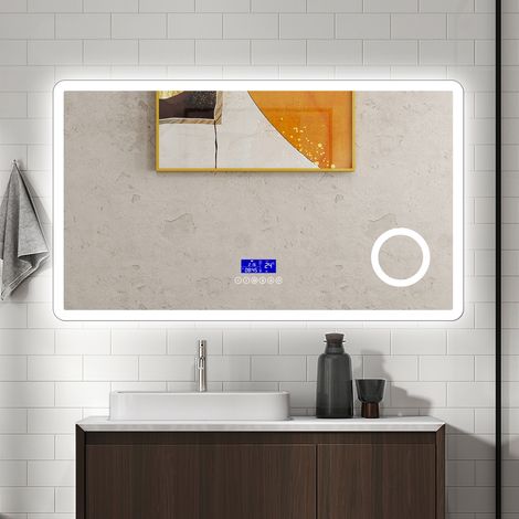 AICA Specchio da bagno rettangolare 80x60cm con Luce LED,Bluetooth,ingrandimento 3X,orologio,Antiappannamento,3 colori e luminosità regolabil, Funzione Memoria, IP44 (1/5)