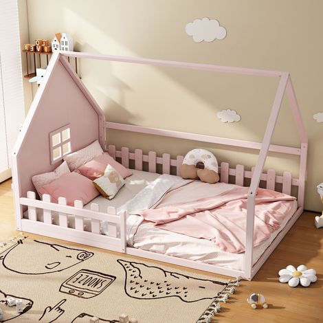 Lit cabane 140x200 cm rose en pin pour enfant avec garde‑corps – lit chambre (1/5)