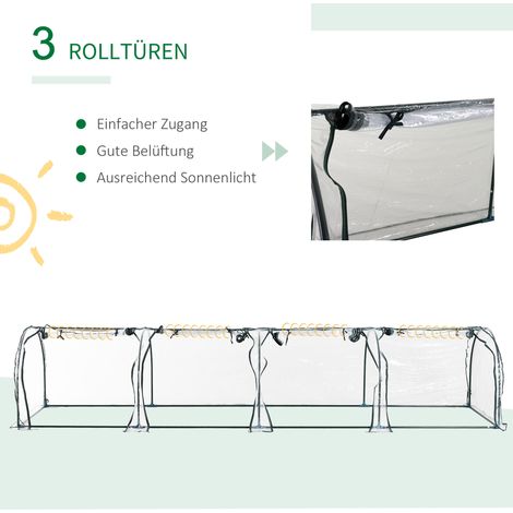 Tunnel de jardin avec 4 fenêtres zippées, armature en acier, couverture robuste transparente, 395 x 100 x 80 cm (1/4)