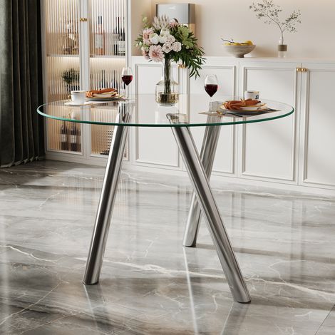 Mesa de comedor redonda de vidrio templado, estilo restaurante, con estructura de metal plateado (1/5)