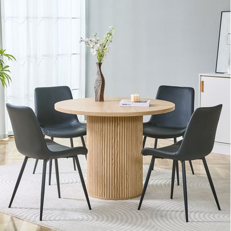 Runder Esstisch-Set 100 cm aus MDF, 4 schwarze PU-Stühle in Naturholzoptik OKMYHOME (1/5)