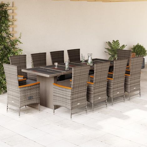 Vidaxl – Ensemble table et chaise de jardin 11pcs – Rotin PE gris – Dossier réglable – Coussins épais et amovibles – Plateau en verre trempé (1/5)