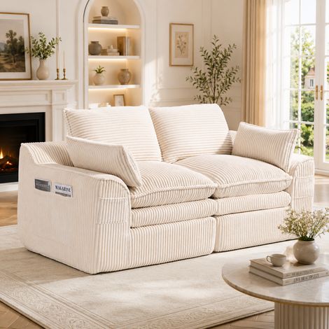 Canapé modulable 2 places velours côtelé coussins poches latérales mousse 3 couches ressorts confort salon bureau beige (1/5)