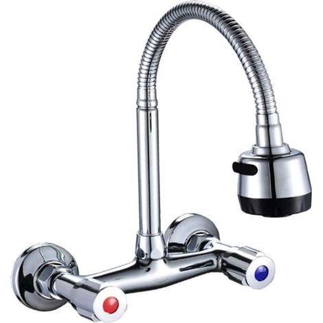 Wandarmatur aus Messing, Chrom-Finish, Warm- und Kaltwasser, 360° schwenkbare Küchenarmatur, Spülbeckenarmatur, Balkon-/Pool-/Waschbeckenarmatur. (1/5)