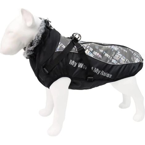 Sollbry Chaqueta de invierno reflectante, impermeable y resistente al viento para perros con arnés con cremallera y cuello de piel para senderismo y acampada, con cremallera, abrigo de forro polar par (1/4)