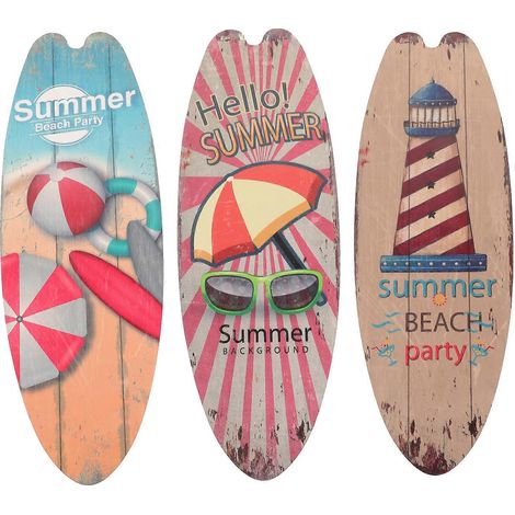Ensemble de 3 panneaux décoratifs en bois représentant des planches de surf pour la plage. (1/5)