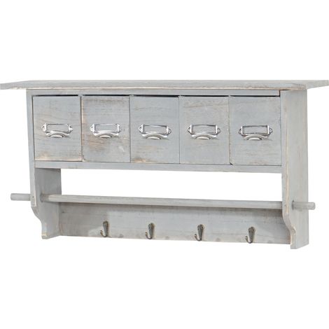 Appendiabiti da parete mensola con 4 ganci asta vintage con 5 cassetti 32x65x13 cm grigio 040000965