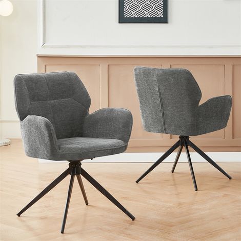 Lot de 2 chaises de salle à manger pivotantes - 84x53,5x45cm - Fauteuil en chenille et pieds en métal - Gris Foncé (1/5)