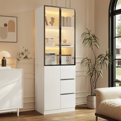 Vitrine colonne de salon 60 x 40 x 180 cm, 2 portes en verre cadre alu, LED via application, 3 tiroirs, panneaux de particules, blanc (1/5)