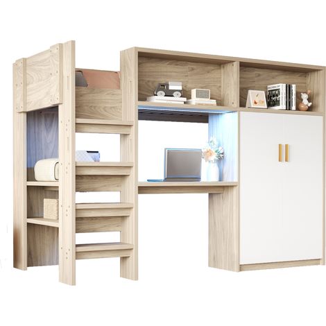 Hochbett Einzelbett mit Schreibtisch, Kleiderschrank, Regalen, Stauraum und LED, 90 × 200 cm, ohne Matratze (1/5)