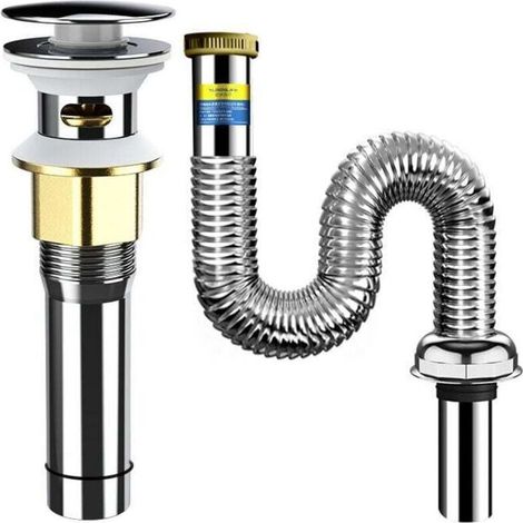 Bonde Lavabo Kit, Ensemble de Bonde de Lavabo de Bain avec Siphon Lavabo Tuyau de Vidange Acier Inoxydable Rétractable 800 mm, Résistant aux Insectes et Aux Odeurs (Argent) (1/4)