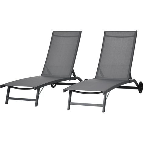 Set aus 2 dunkelgrauen Sonnenliegen aus Aluminium und Textilene, mit Rollen und verstellbarer Rückenlehne, maximale Belastbarkeit 150 kg