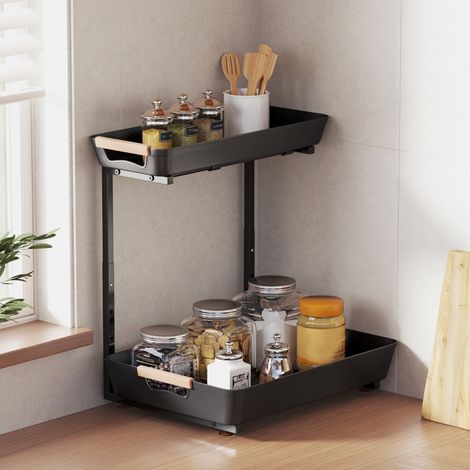 Scaffale da cucina in plastica nero, 2 ripiani a cestello, altezza regolabile 40 x 30 x 33,5-42 cm