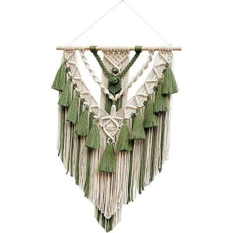 Handmade boho wall macramé with tassels, in white and green polyester. (1/4)