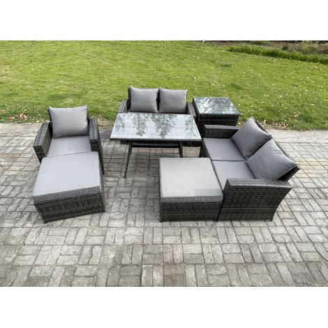Fimous Garden Dining Set Wicker PE Rattan Outdoor Furniture Sofa with Rectangular Dining Table Double Seat Sofa Side Table 2 Big Footstool Dark Grey Mixed (1/5)