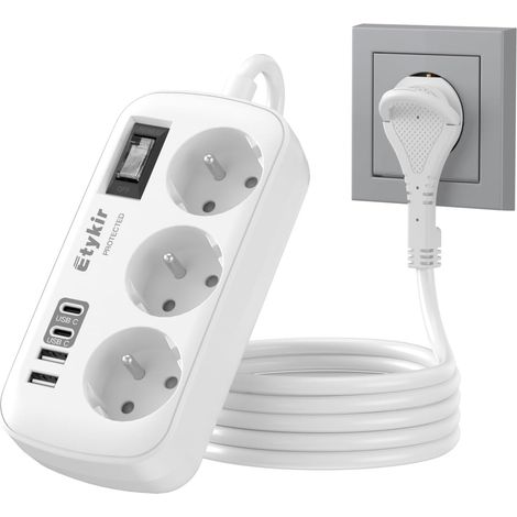 Multiprise Plate avec Interrupteur, 3 Prises avec 4 USB  Multiprise Parafoudre et Surtension, Prise Plate pour Bureau Maison, 1,5M Blanc (1/5)