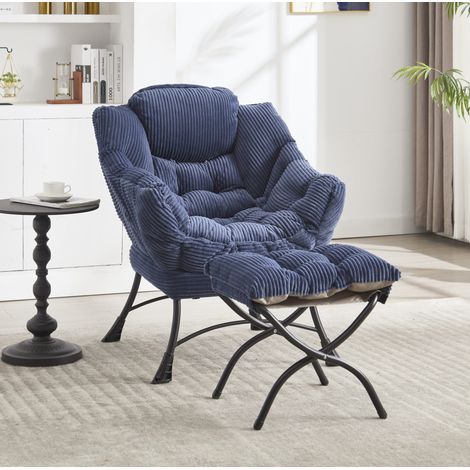 Fauteuil lounge avec pouf, accoudoirs et poche latérale, bleu marine, pour petits espaces (1/5)
