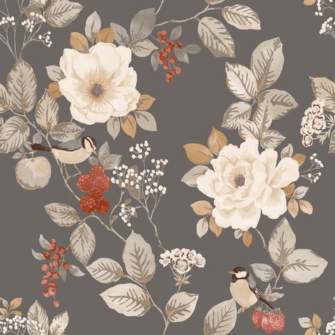 Belgravia Bramble Floral Charcoal Wallpaper Birds Leaves Flowers Feature Wall (1/4)