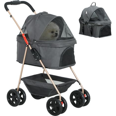Poussette 3 en 1 pour animaux de compagnie, poussette pliable pour chien et chat avec 4 roues et panier amovible, grise