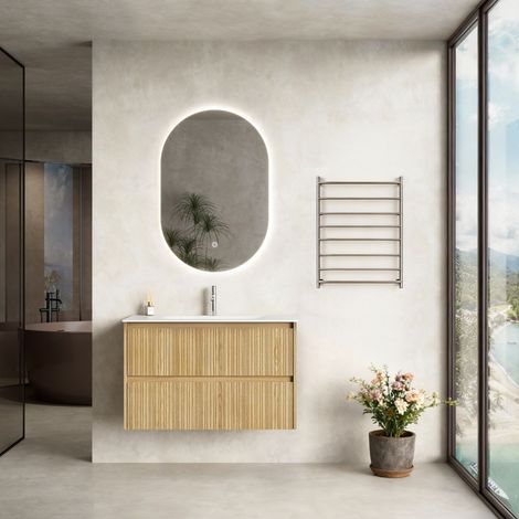 Mobile Bagno Sospeso 90 cm Rovere Chiaro Specchio Ovale Retroilluminato - Pace Plus (1/5)